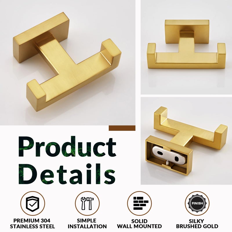 APLusee Double Robe Towel Hook Brushed Gold, 304 Stainless Steel Bathroom Hand Towel Holder, Clothes Wall Hanger for Toilet Kitchen Cabinet - Image 5